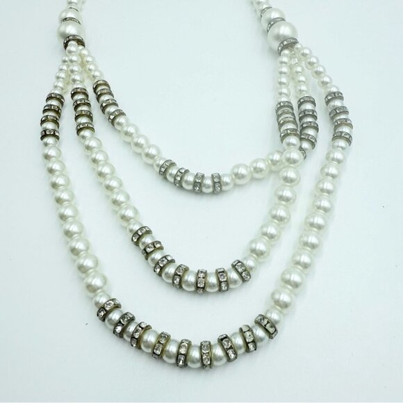 Three Strand White Glass Pearl Necklace with Crystal Accents - Picture 7 of 8